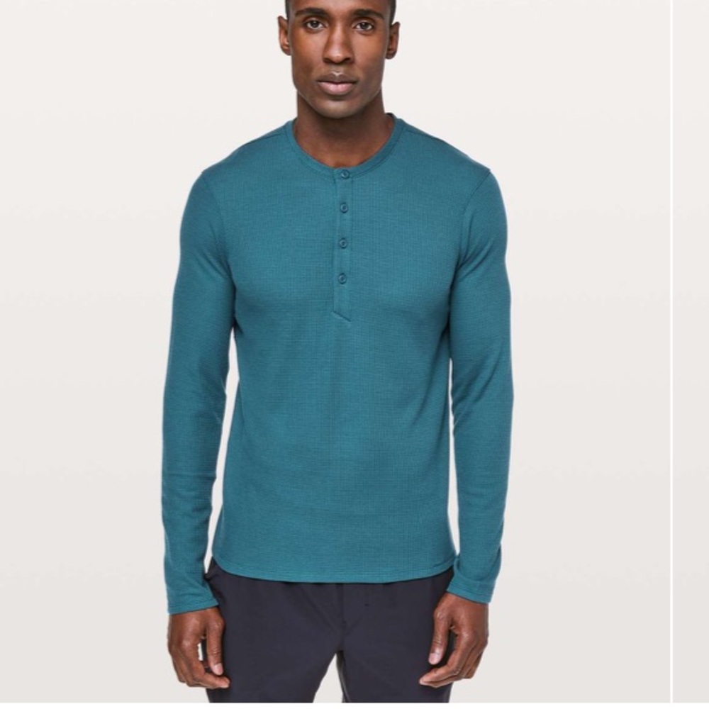 Lululemon Men Switch Stitch Henley Long Sleeve Poseidon Teal Blue Sz L